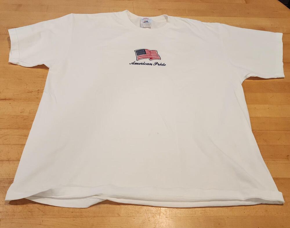 American Pride Flag Shirt Mens L White Tee-Jays Embroidered USA Made In USA